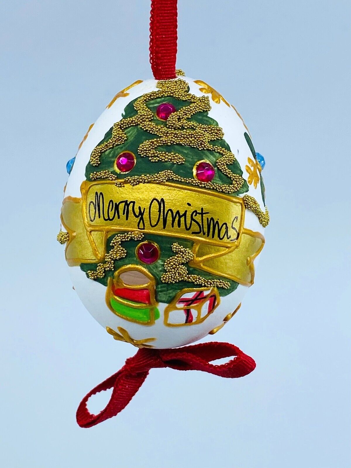 Christmas Ornament: Peter Priess Christmas Egg Ornament; Santa w/Christmas Tree