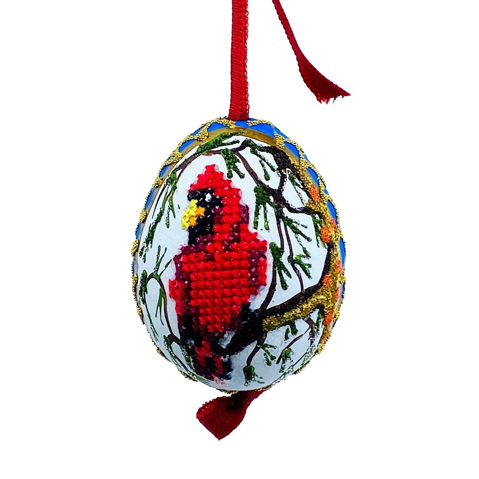 Christmas Egg Ornament: Red Cardinal w/Florals