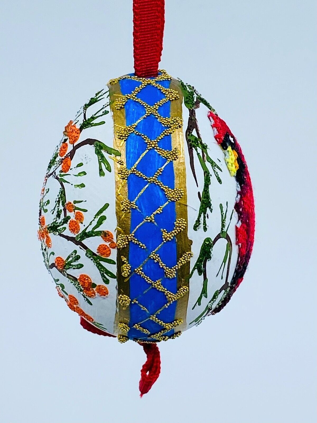 Christmas Egg Ornament: Red Cardinal w/Florals