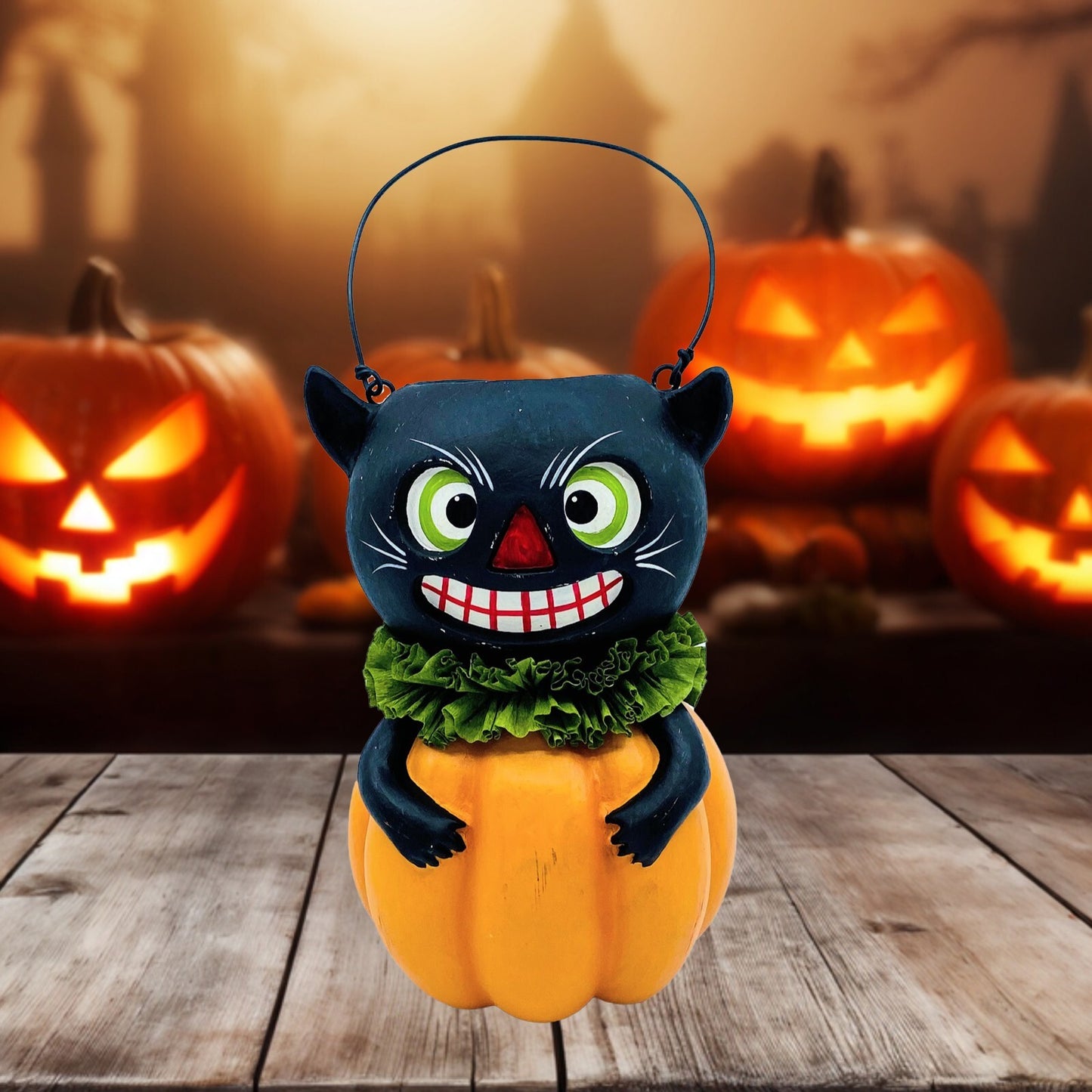 Bethany Lowe Designs: Halloween; Vintage Black Cat in Pumpkin Bucket