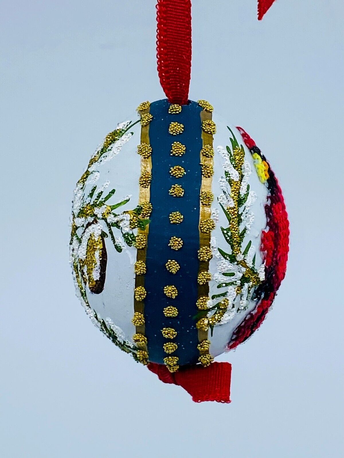 Christmas Ornament: Peter Priess Christmas Egg Ornament; Red Cardinal w/Florals