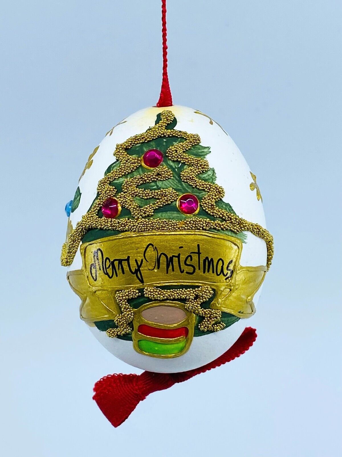 Christmas Ornament: Peter Priess Christmas Egg Ornament; Santa w/Christmas Tree