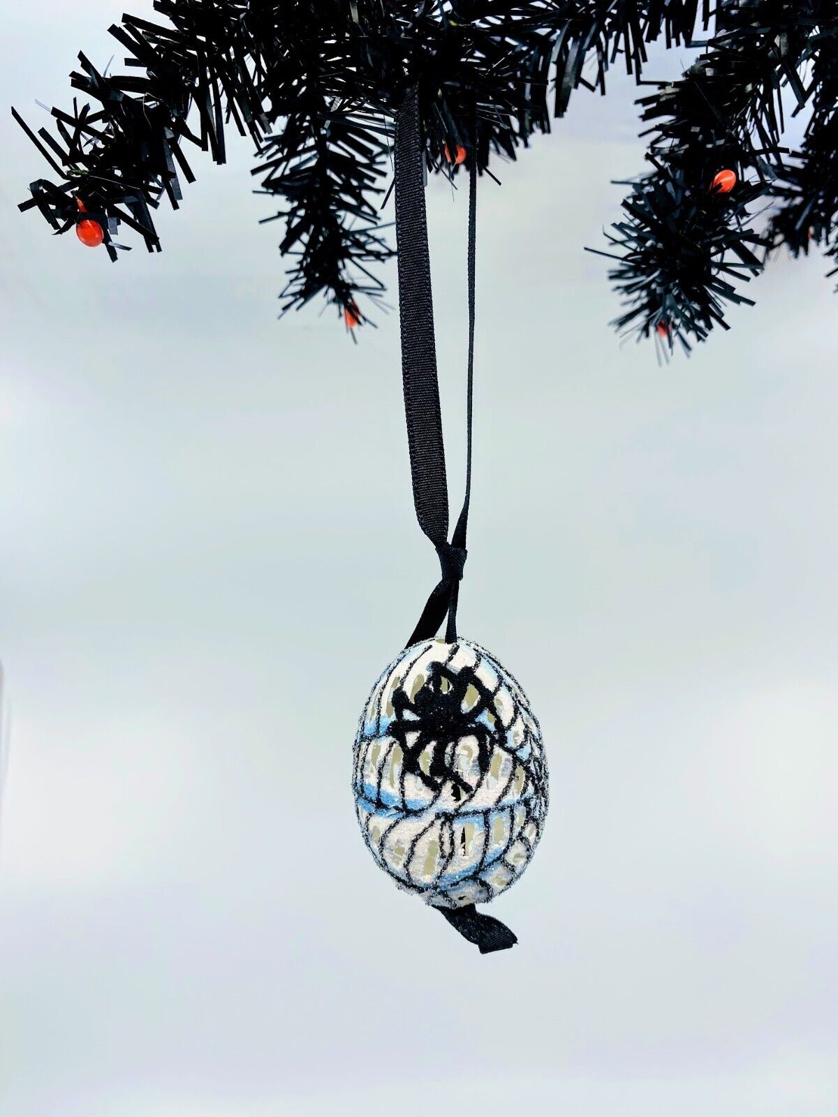 Halloween Egg Ornament: Spooky Black Spider Web