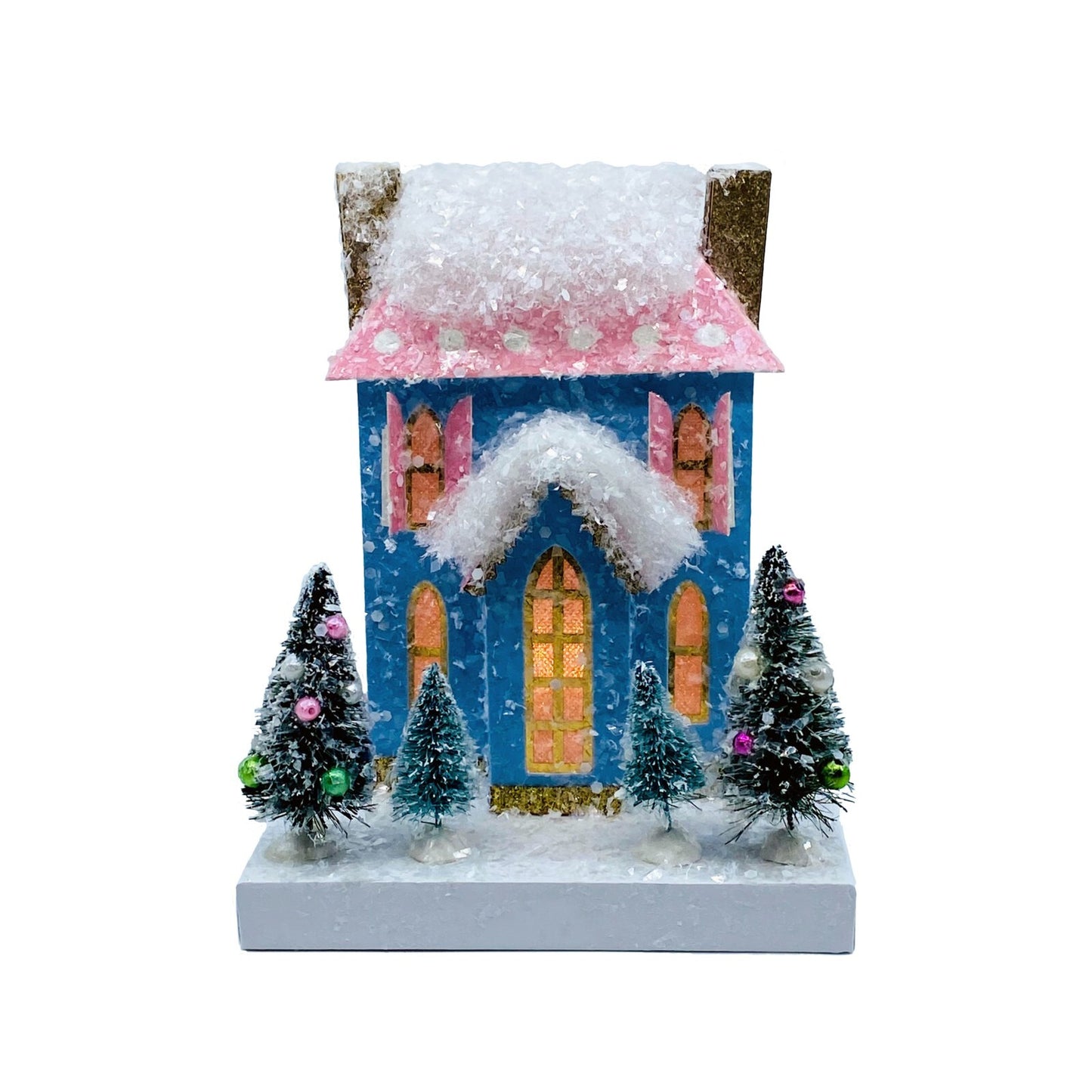 Cody Foster Light Up Christmas House, Glitter House, Petite Blue & Pink House