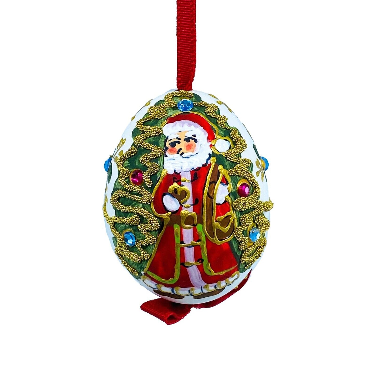 Christmas Ornament: Peter Priess Christmas Egg Ornament; Santa w/Christmas Tree