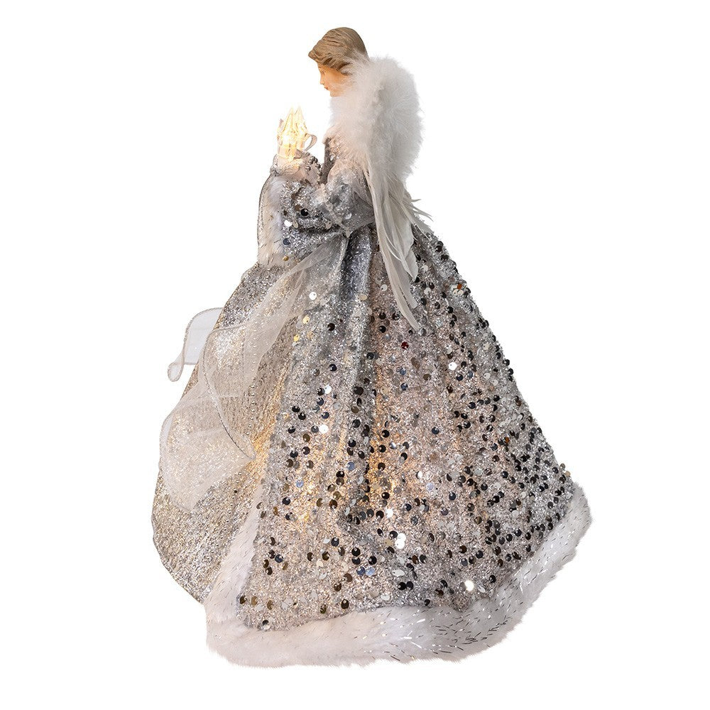 Kurt Adler Angel Tree Topper: 14" Silver & Ivory, 10LT, #UL2250