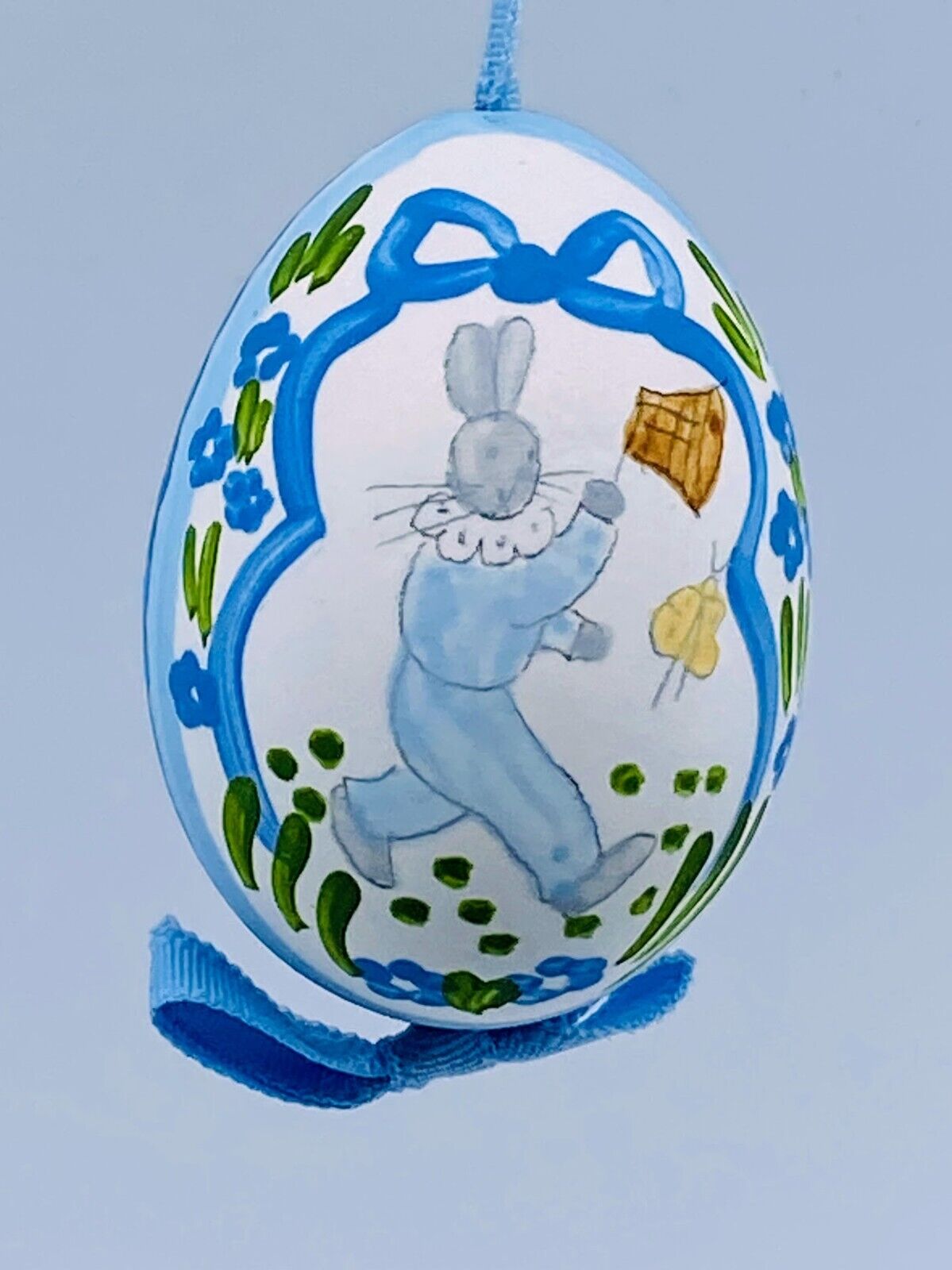Easter Egg Ornament: Peter Priess Easter Egg; Blue & White Easter Bunny Portrait