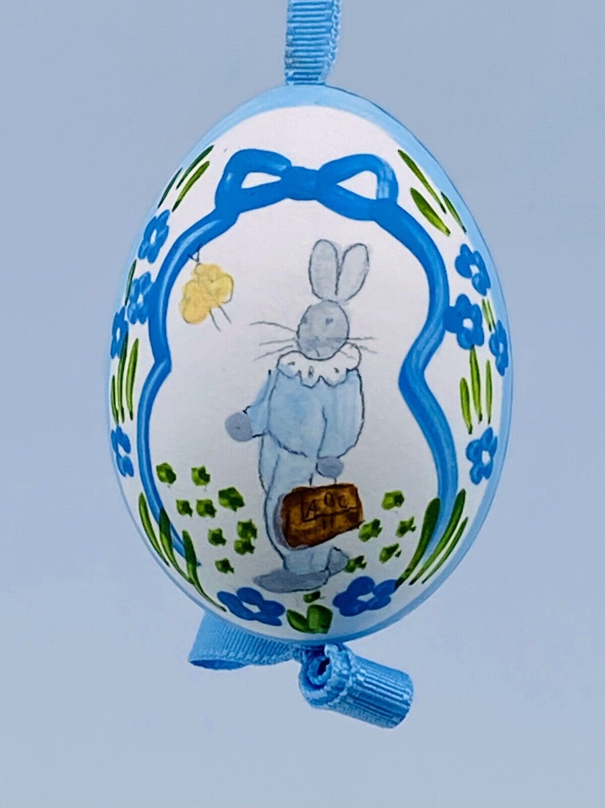 Easter Egg Ornament: Peter Priess Easter Egg; Blue & White Easter Bunny Portrait