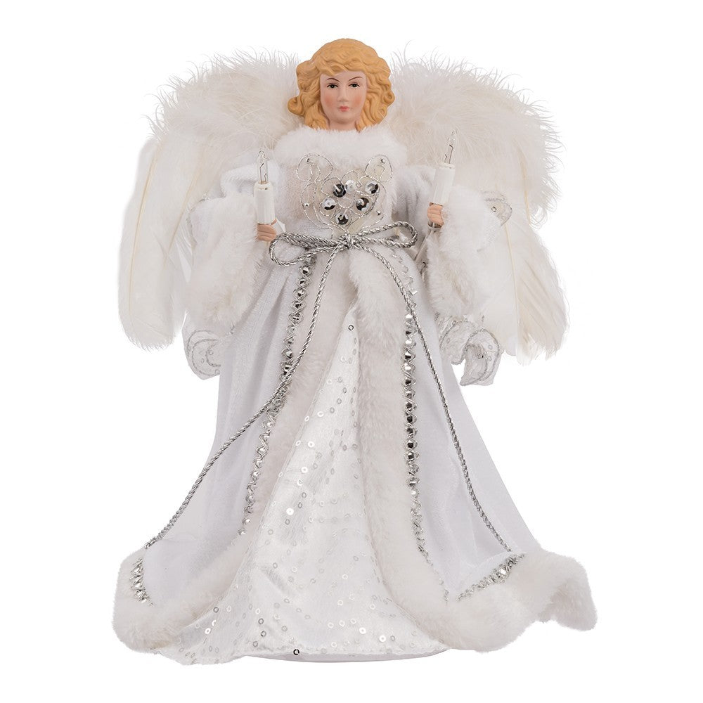 Kurt Adler Angel Tree Topper: 12" White & Silver, 10LT