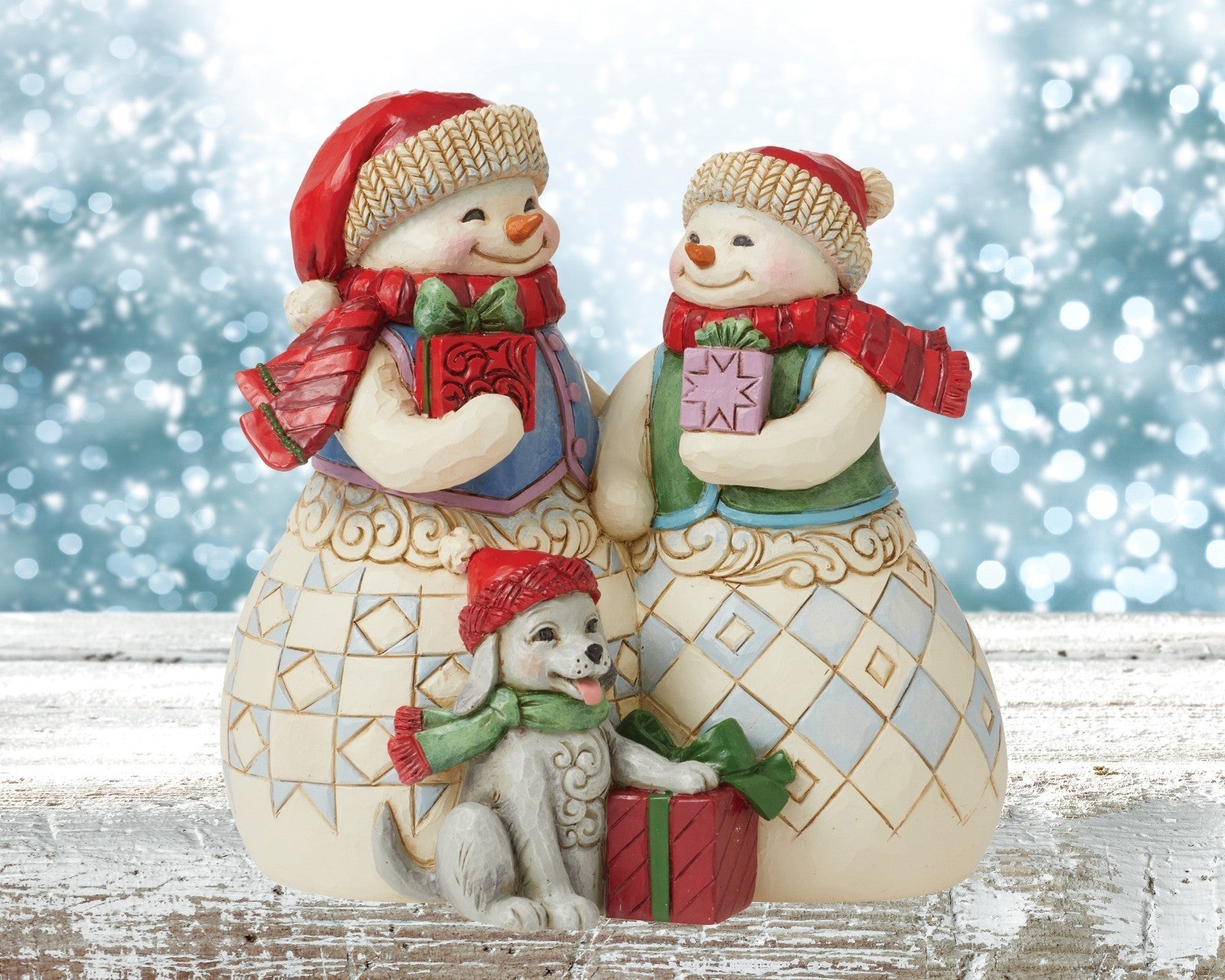 Jim Shore, Heartwood Christmas: Snowman Couple with Puppy "Snuggled Up Together"