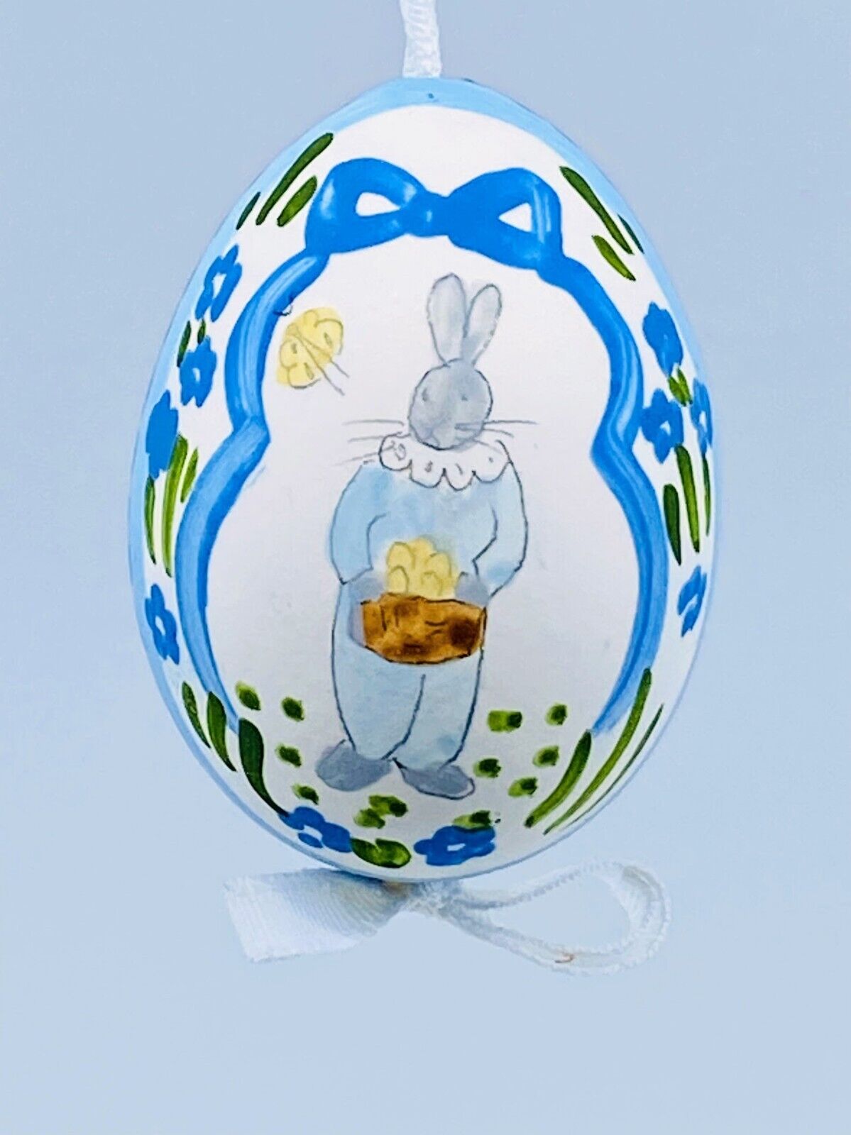 Easter Egg Ornament: Peter Priess Easter Egg; Blue & White Easter Bunny Portrait