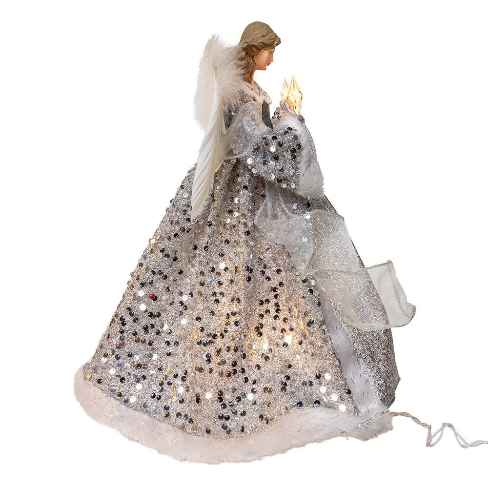 Kurt Adler Angel Tree Topper: 14" Silver & Ivory, 10LT