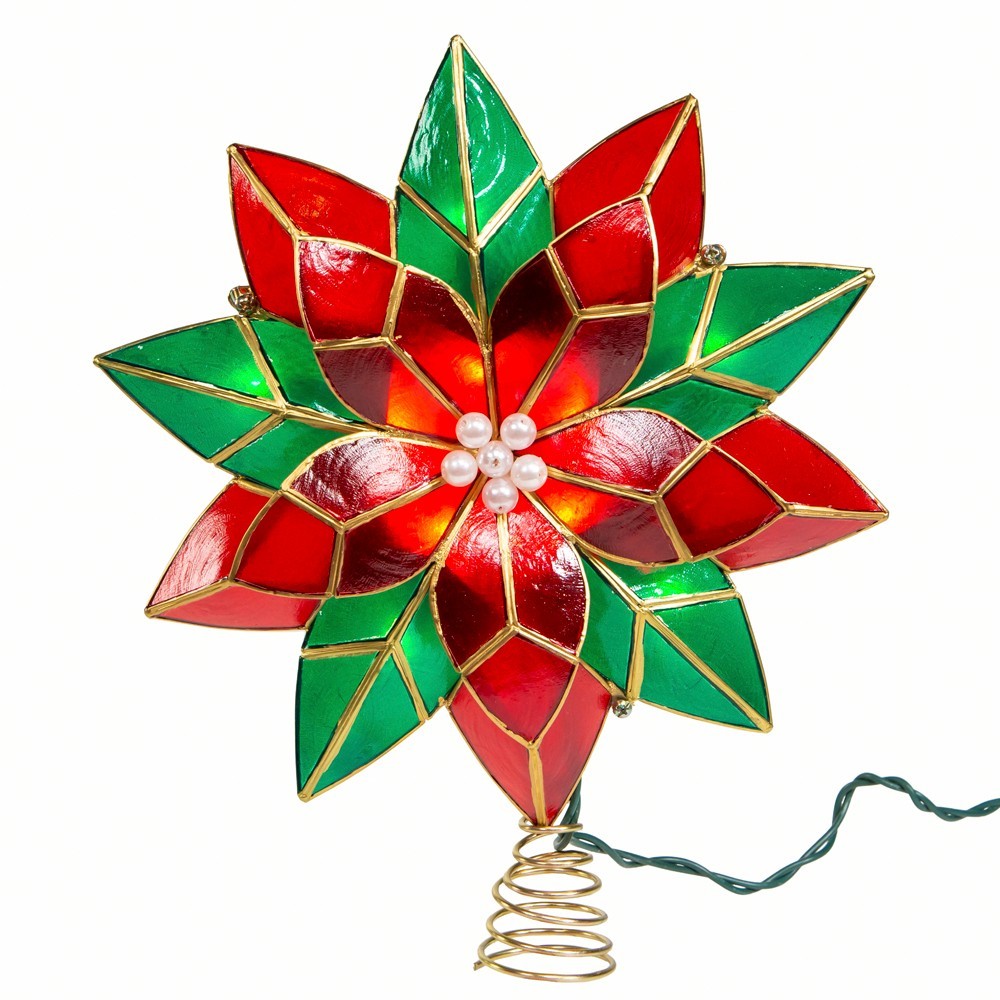 Kurt Adler Tree Topper: 9.5" 10pt Capiz Poinsettia 10LT, #UL3177