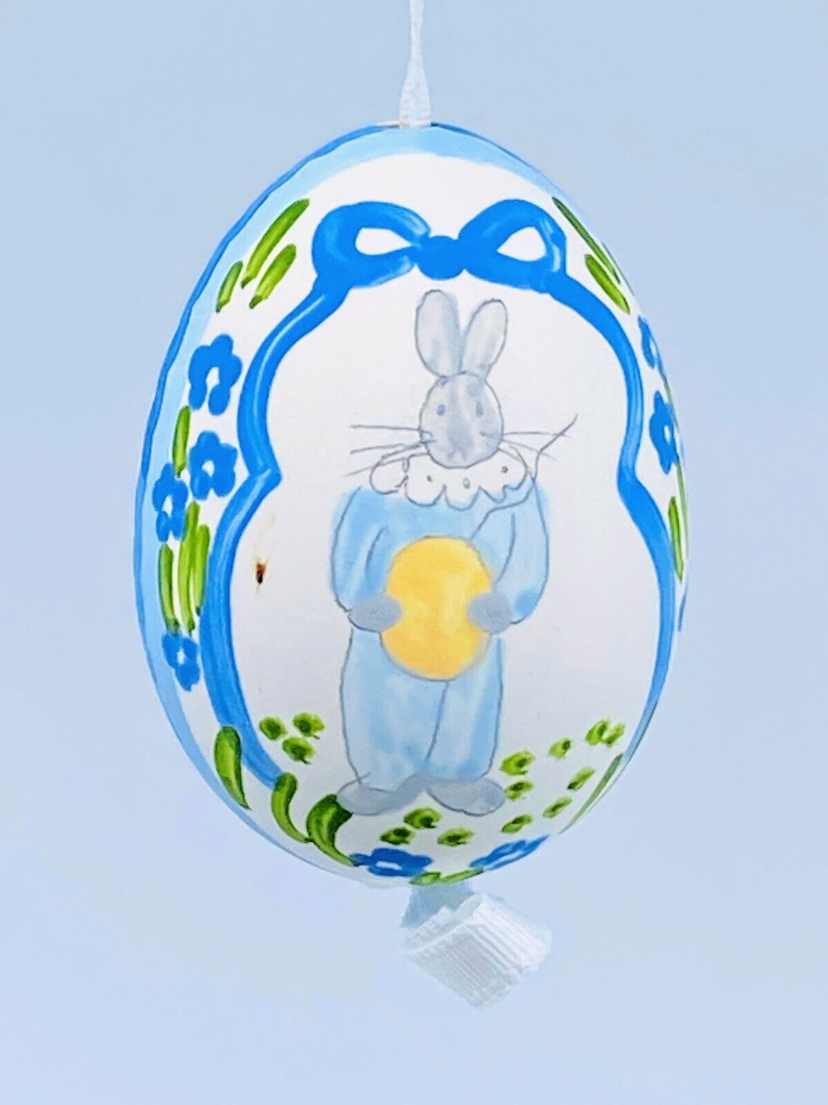 Easter Egg Ornament: Peter Priess Easter Egg; Blue & White Easter Bunny Portrait