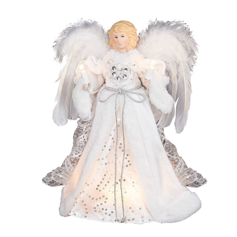Kurt Adler Angel Tree Topper: 12" White & Silver, 10LT