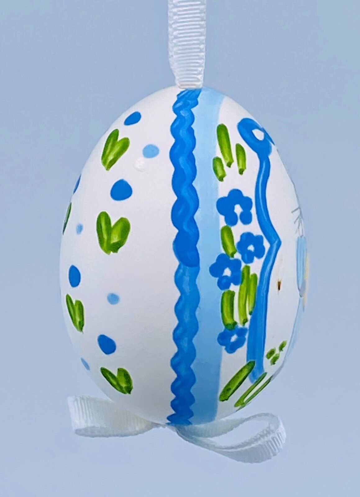 Easter Egg Ornament: Peter Priess Easter Egg; Blue & White Easter Bunny Portrait