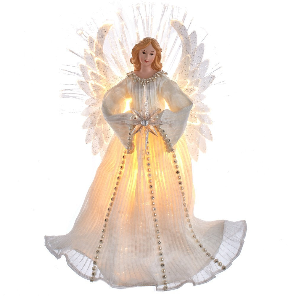 Kurt Adler Angel Tree Topper: 16" Ivory & Clear Fiber Optic LED, #UL2239