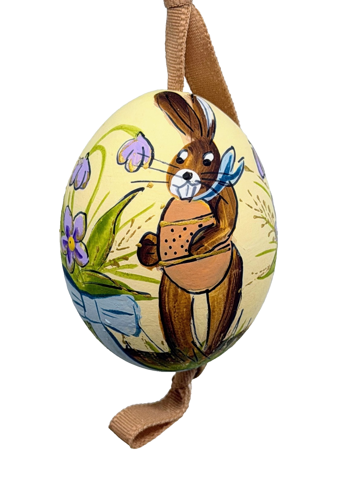 Easter Egg Ornament: Cream Egg w/Easter Bunny & Flowers