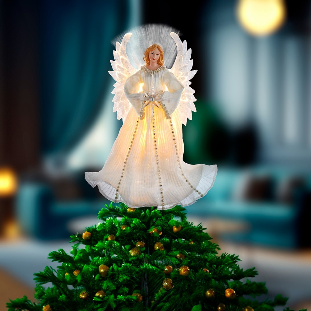 Kurt Adler Angel Tree Topper: 16" Ivory & Clear Fiber Optic LED