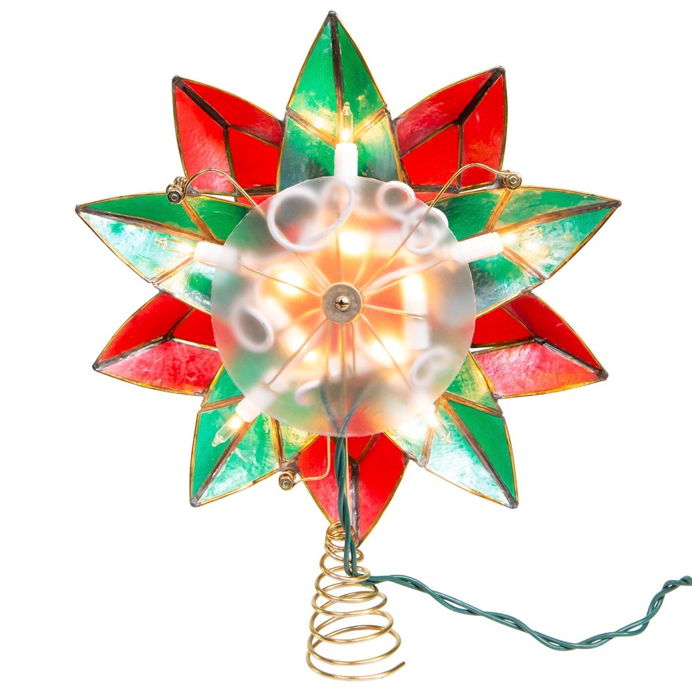 Kurt Adler Tree Topper: 9.5" 10pt Capiz Poinsettia 10LT, #UL3177