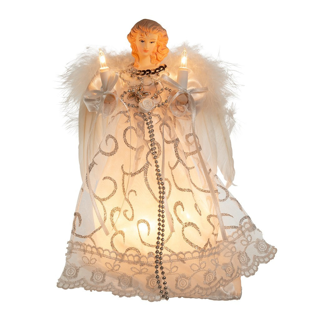 Kurt Adler Angel Tree Topper: 9" White & Silver, 10LT, #UL2205