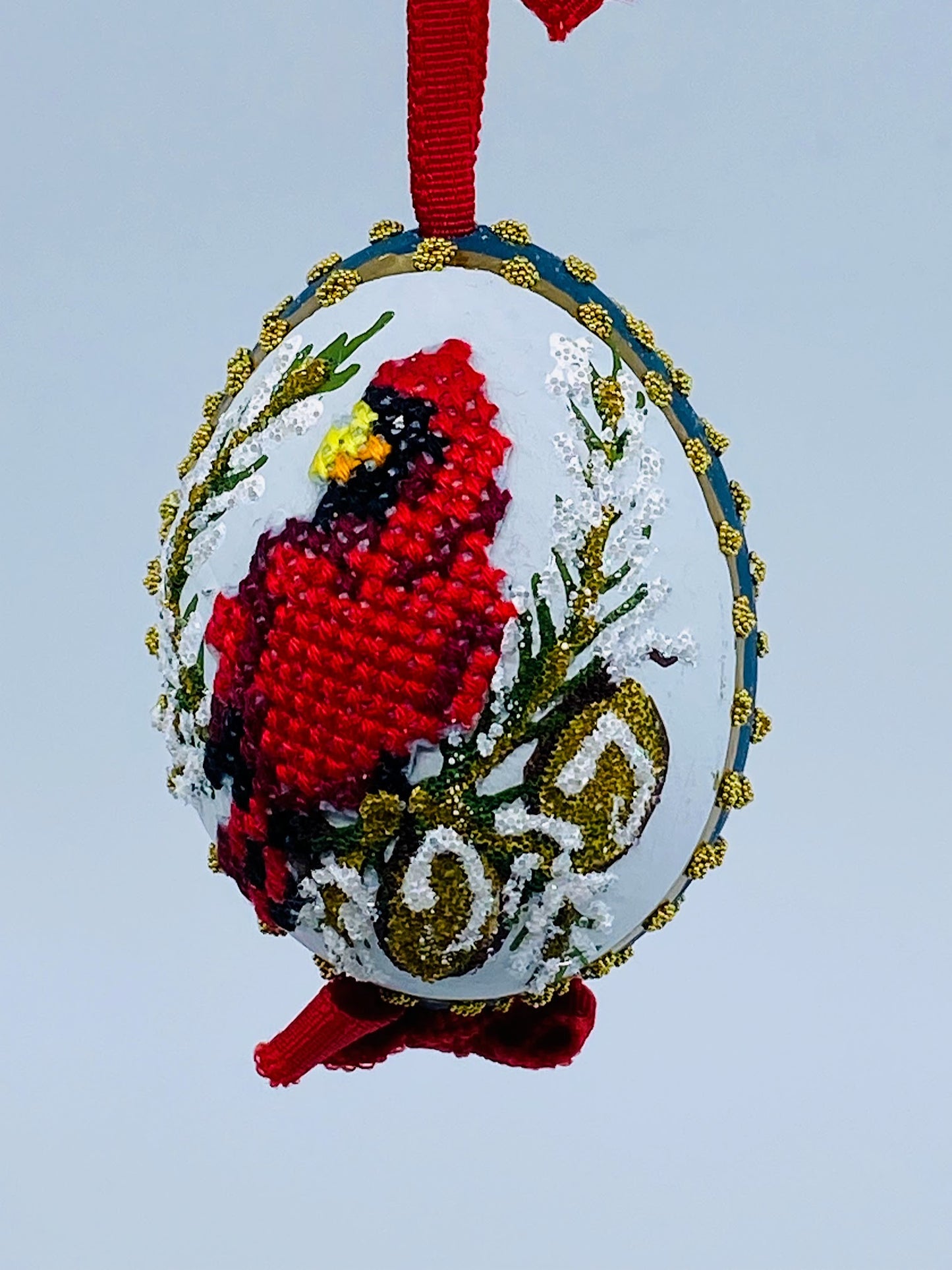 Christmas Egg Ornament: Red Cardinal w/Florals