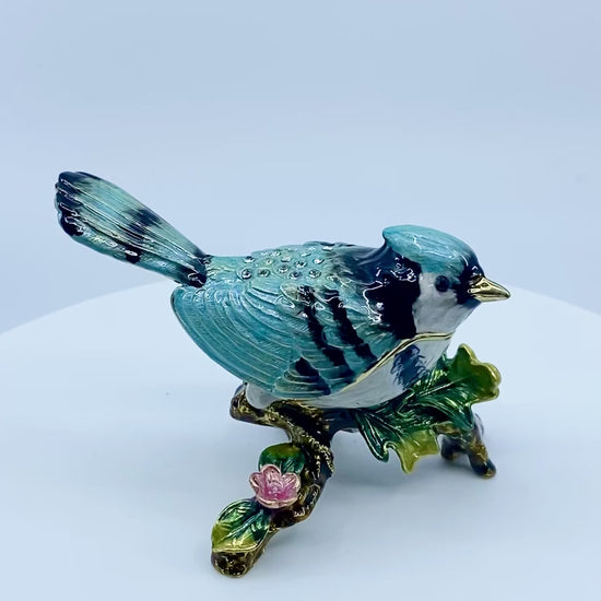 Kubla Craft Bejeweled Enameled Trinket Box: Large Blue Jay Box, Item# 4017B